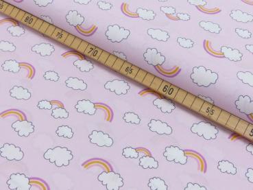 Preview: Reststück 2,30m Baumwoll Druck Regenbogen und Wolken auf Rosa